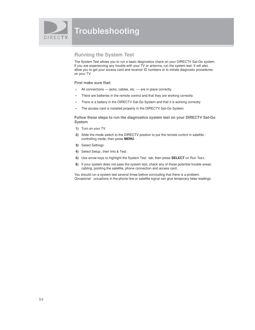 DirecTV SAT GO manual Running the System Test, First make sure that 
