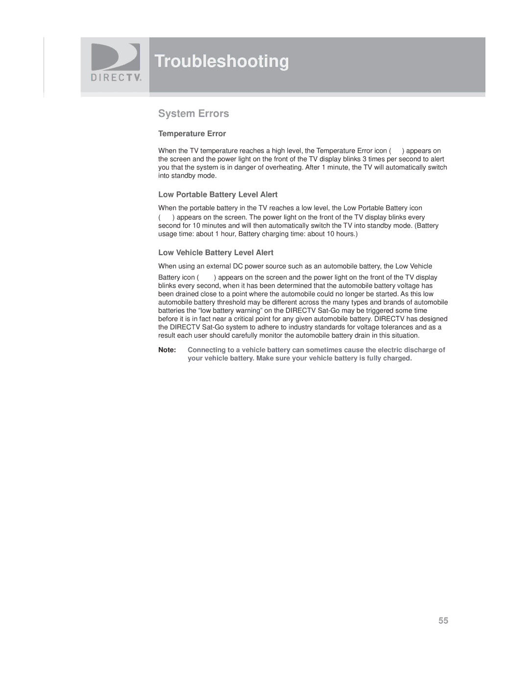 DirecTV SAT GO manual System Errors, Temperature Error, Low Portable Battery Level Alert, Low Vehicle Battery Level Alert 