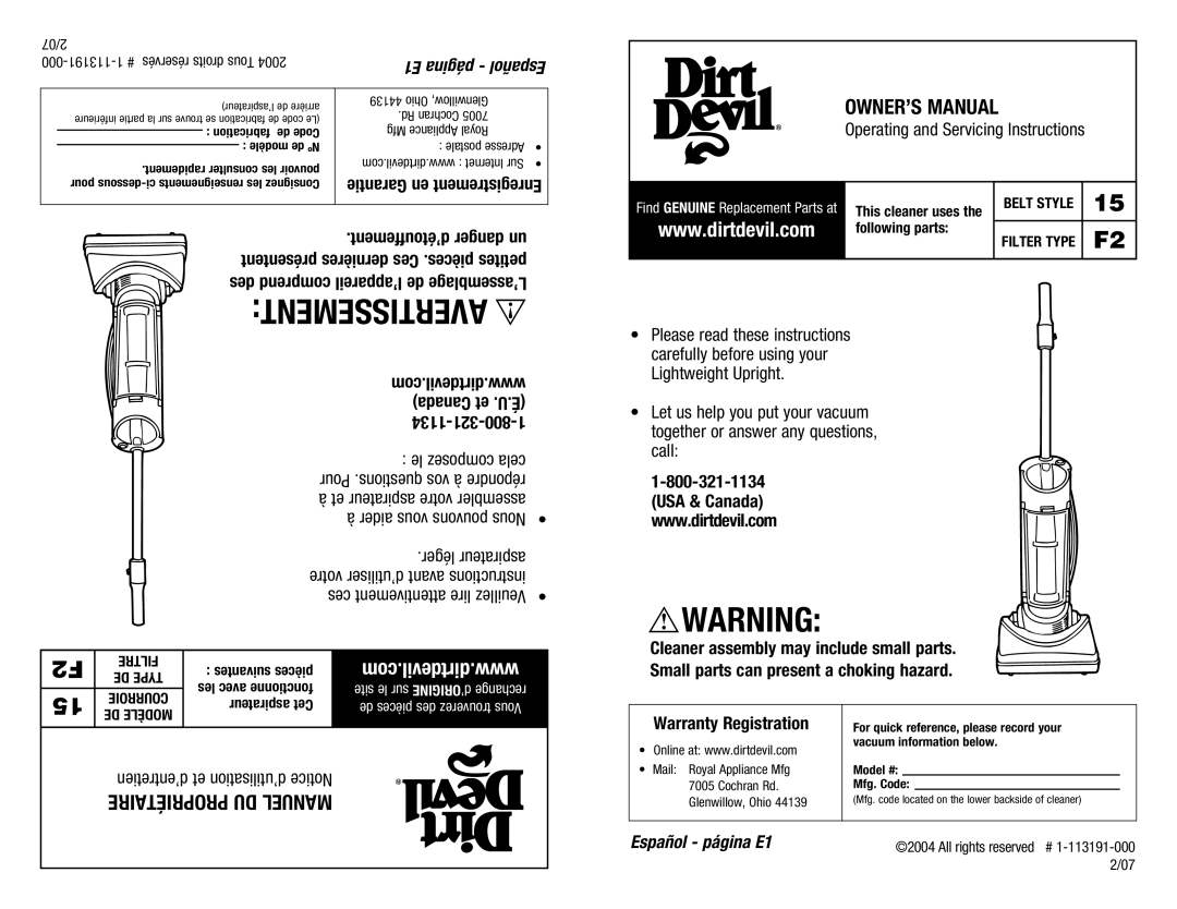 Dirt Devil M084610RED, 1-113191-000 owner manual Filtre, DE Type, Mfg. code located on the lower backside of cleaner 