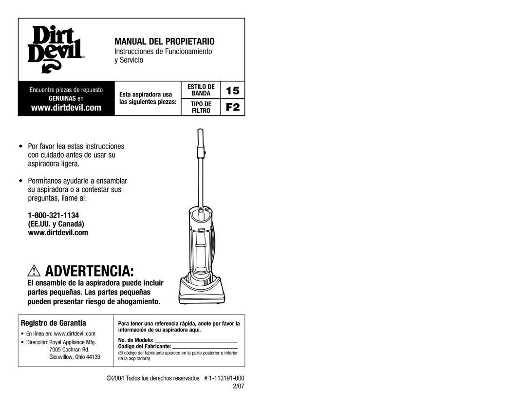 Dirt Devil M084610RED owner manual Banda, Tipo DE, Todos los derechos reservados # 1-113191-000 2/07 