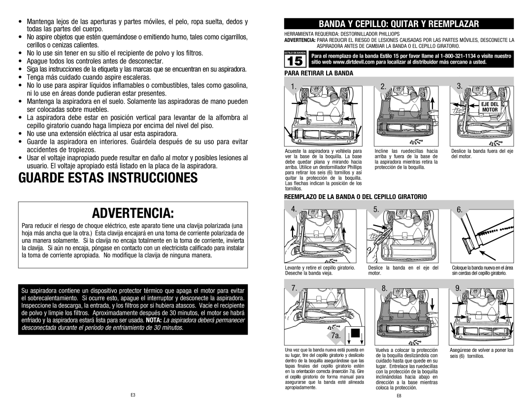 Dirt Devil 1-113191-000, M084610RED Guarde Estas Instrucciones, Advertencia, Banda Y Cepillo Quitar Y Reemplazar 