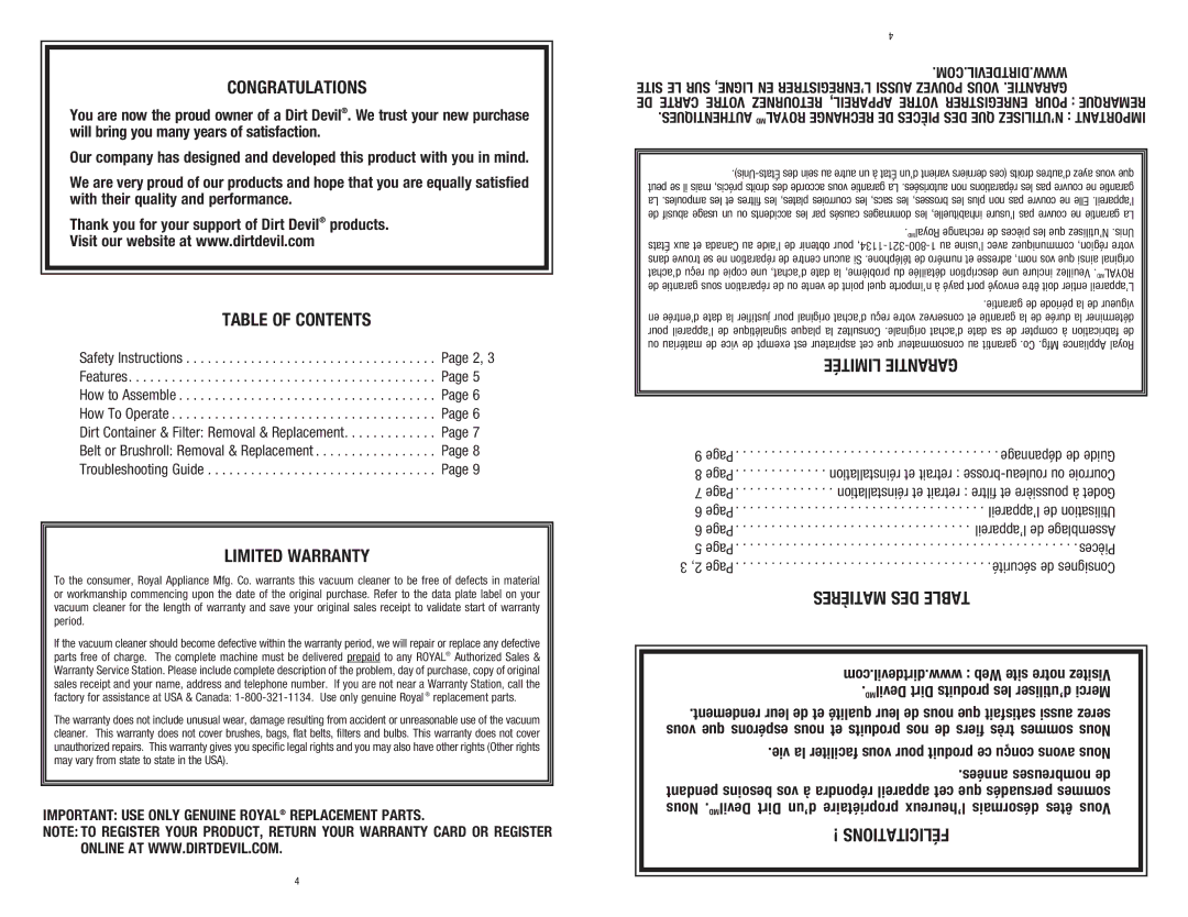 Dirt Devil 1-113191-000, M084610RED Congratulations, Table of Contents, Limited Warranty, Limitée Garantie, Félicitations 