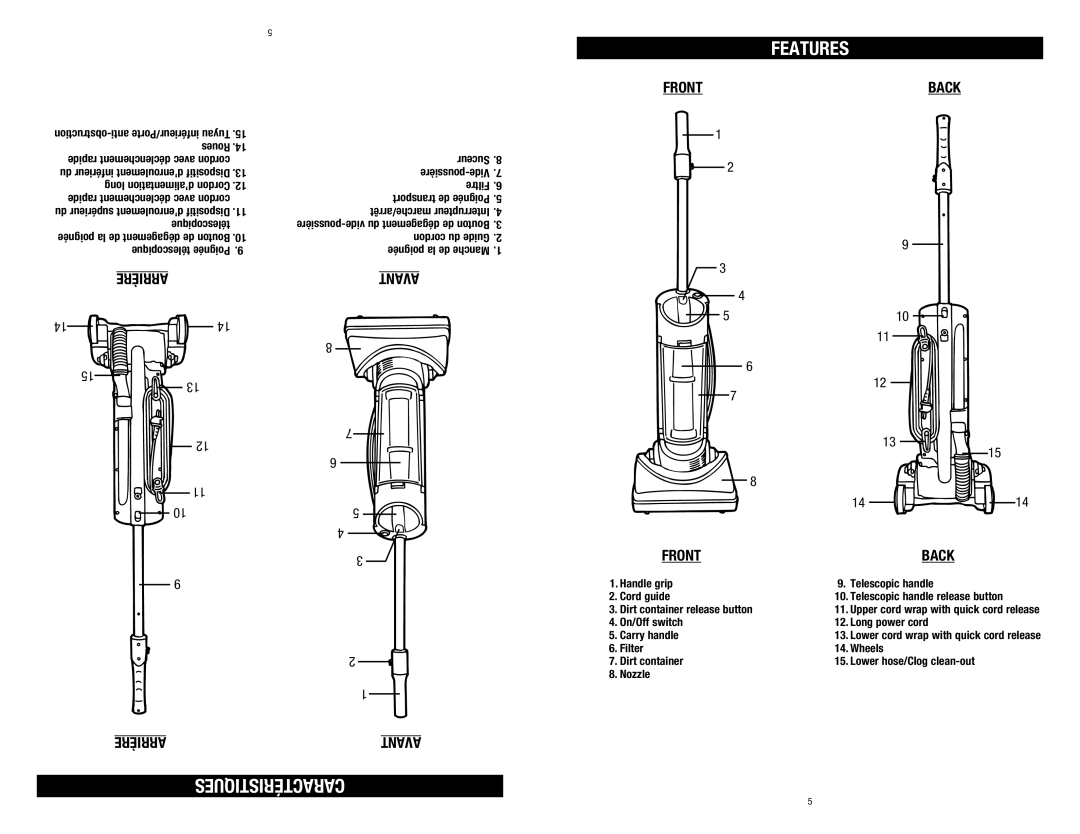 Dirt Devil M084610RED, 1-113191-000 owner manual Features, Caractéristiques, Arrière Avant, Front Back 