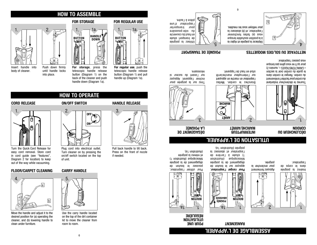 Dirt Devil 1-113191-000, M084610RED owner manual HOW to Operate, HOW to Assemble, ’APPAREIL DE Assemblage 