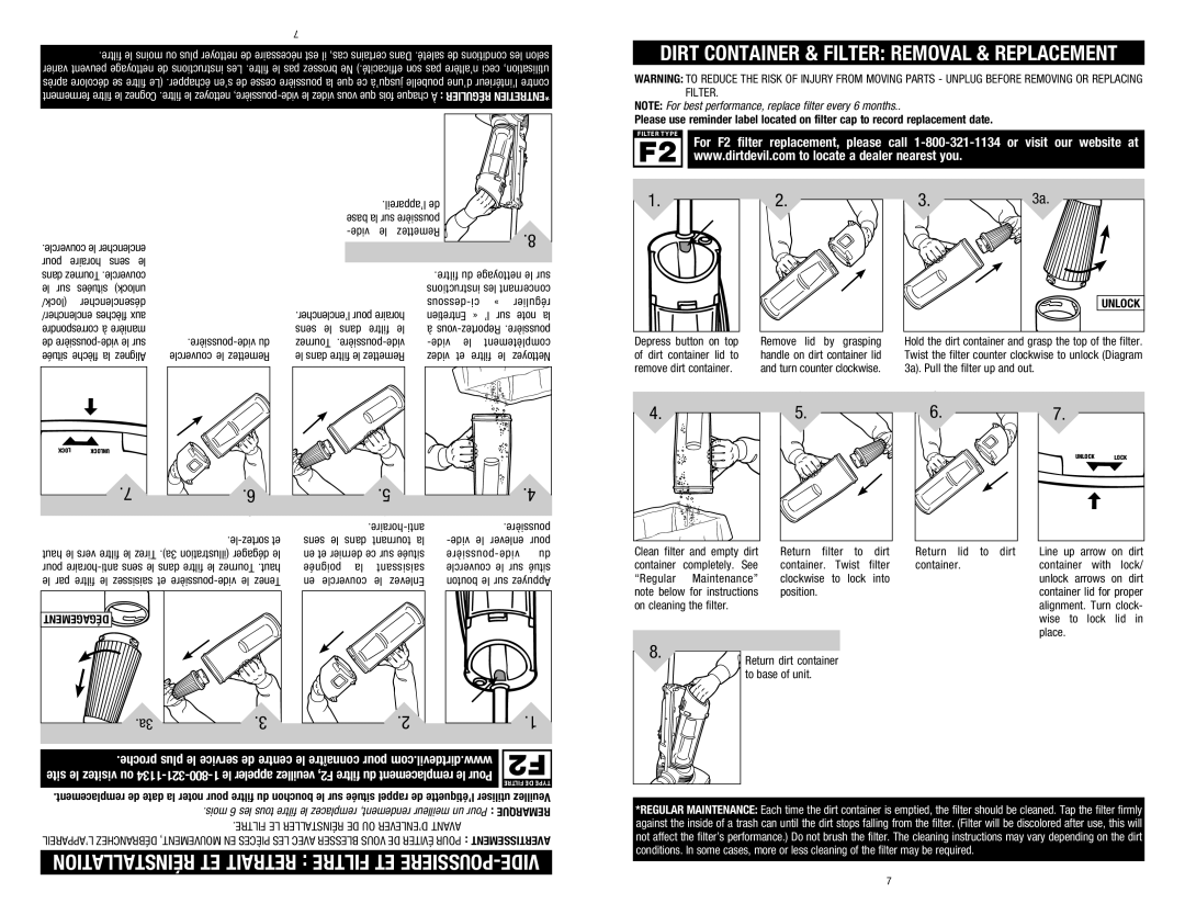 Dirt Devil M084610RED, 1-113191-000 owner manual Réinstallation ET Retrait Filtre ET POUSSIERE-VIDE 