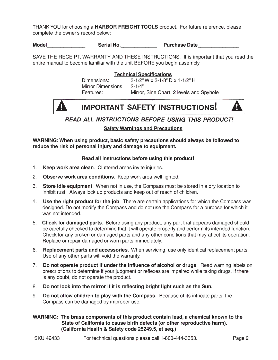 Dirt Devil 42433 operating instructions Model Serial No. Purchase Date, Technical Specifications 