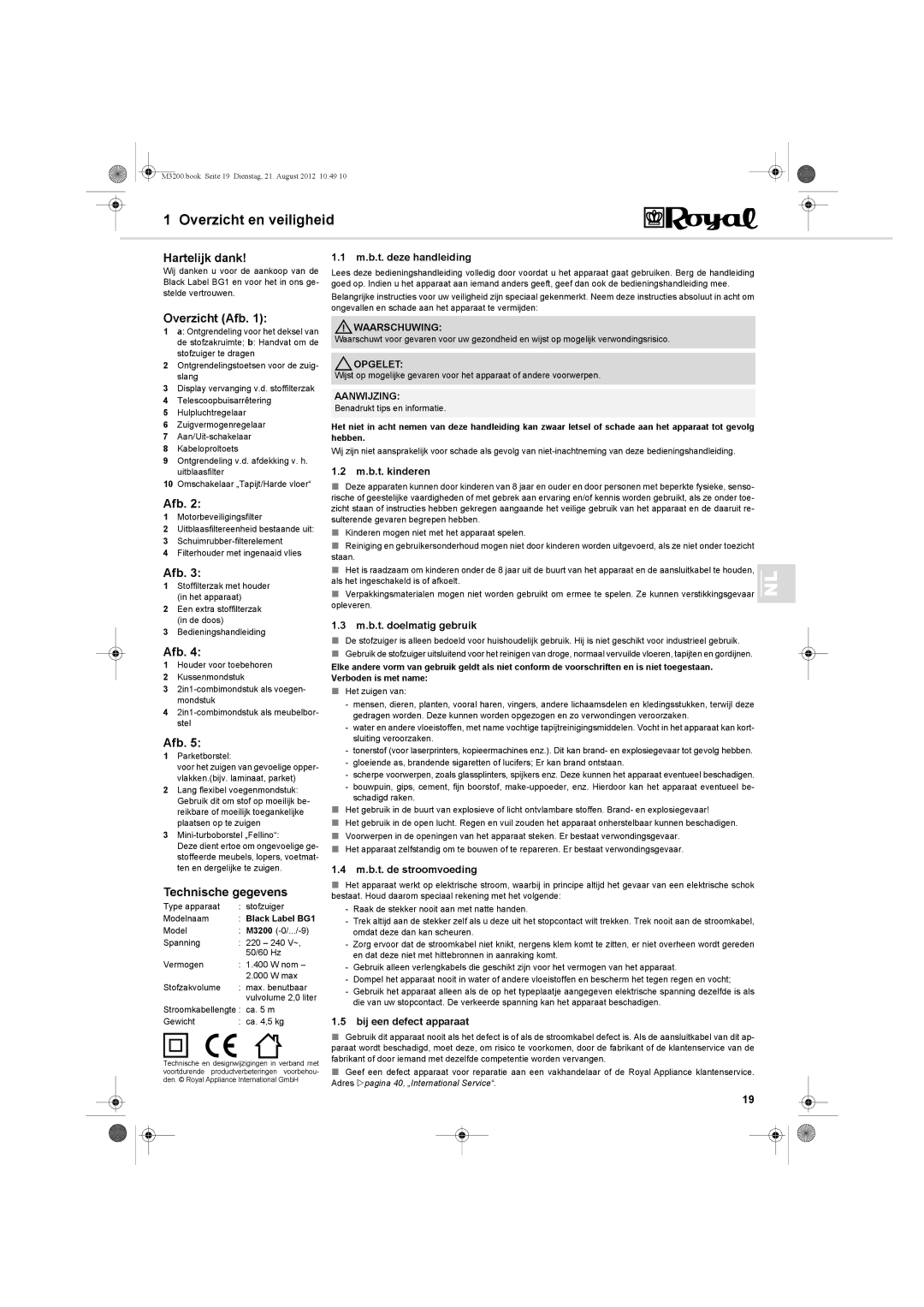 Dirt Devil BG-1 manual Overzicht en veiligheid, Hartelijk dank, Overzicht Afb, Technische gegevens 