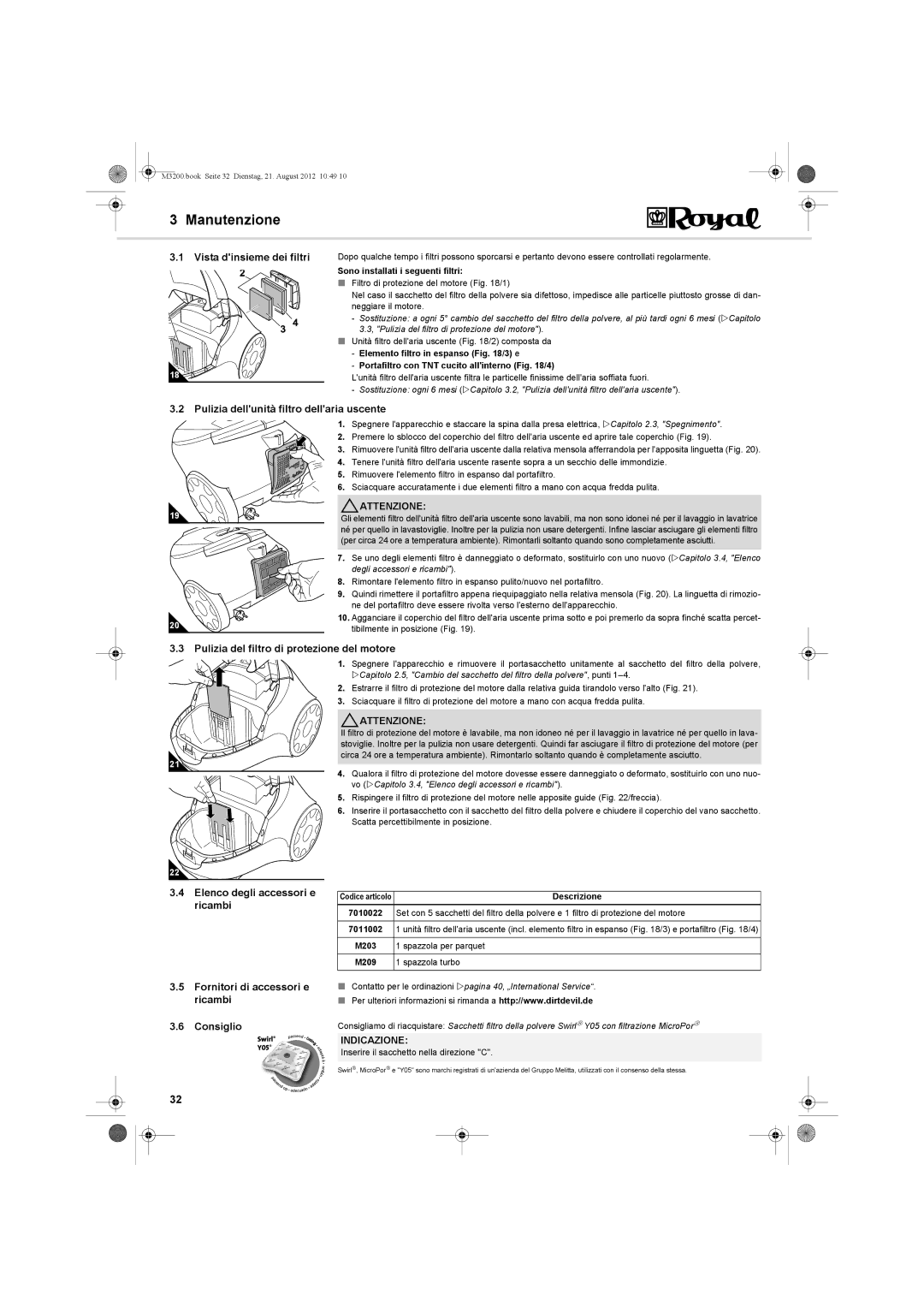 Dirt Devil BG-1 manual Manutenzione 