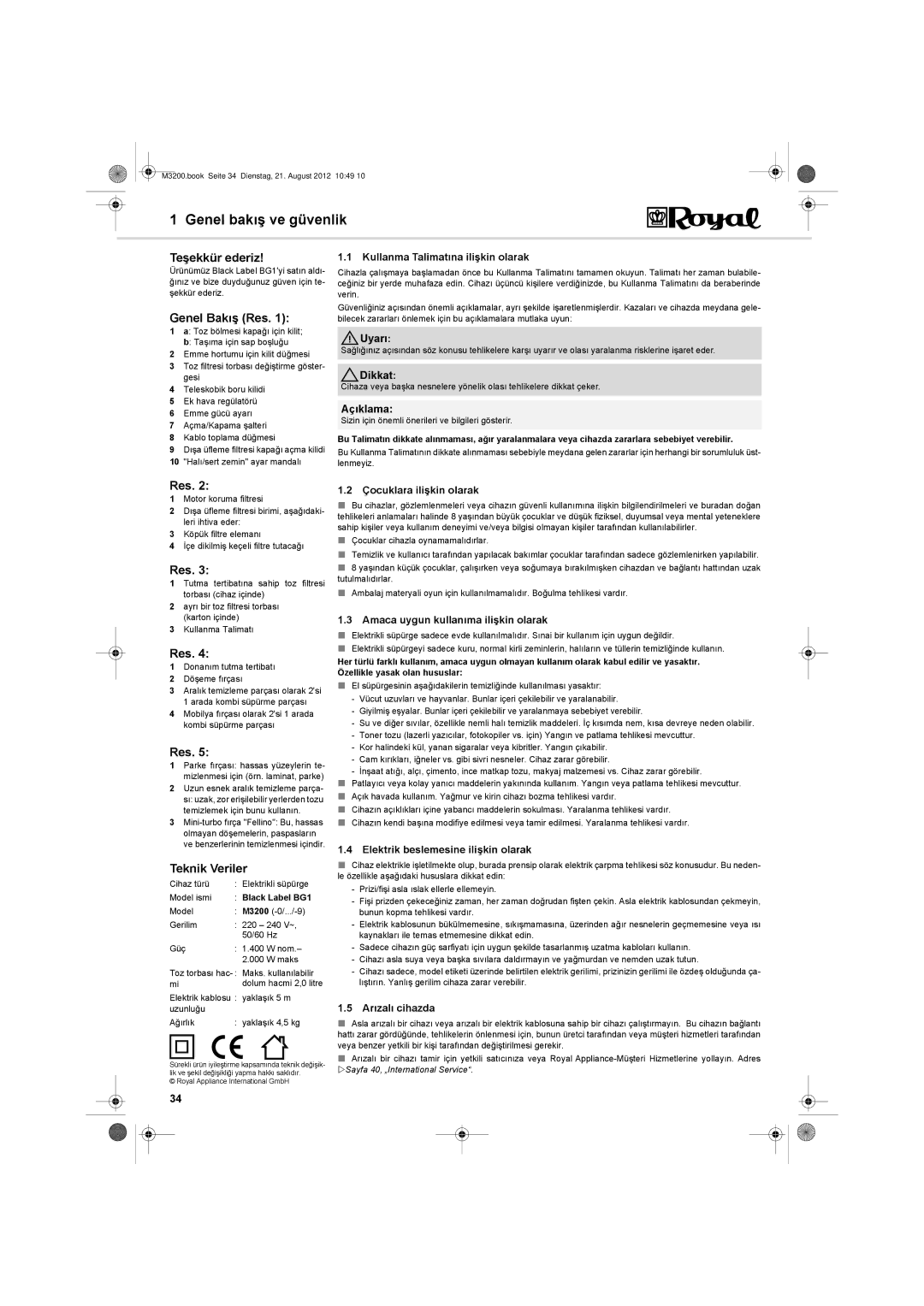 Dirt Devil BG-1 manual Genel bakış ve güvenlik, Teşekkür ederiz, Genel Bakış Res, Teknik Veriler 