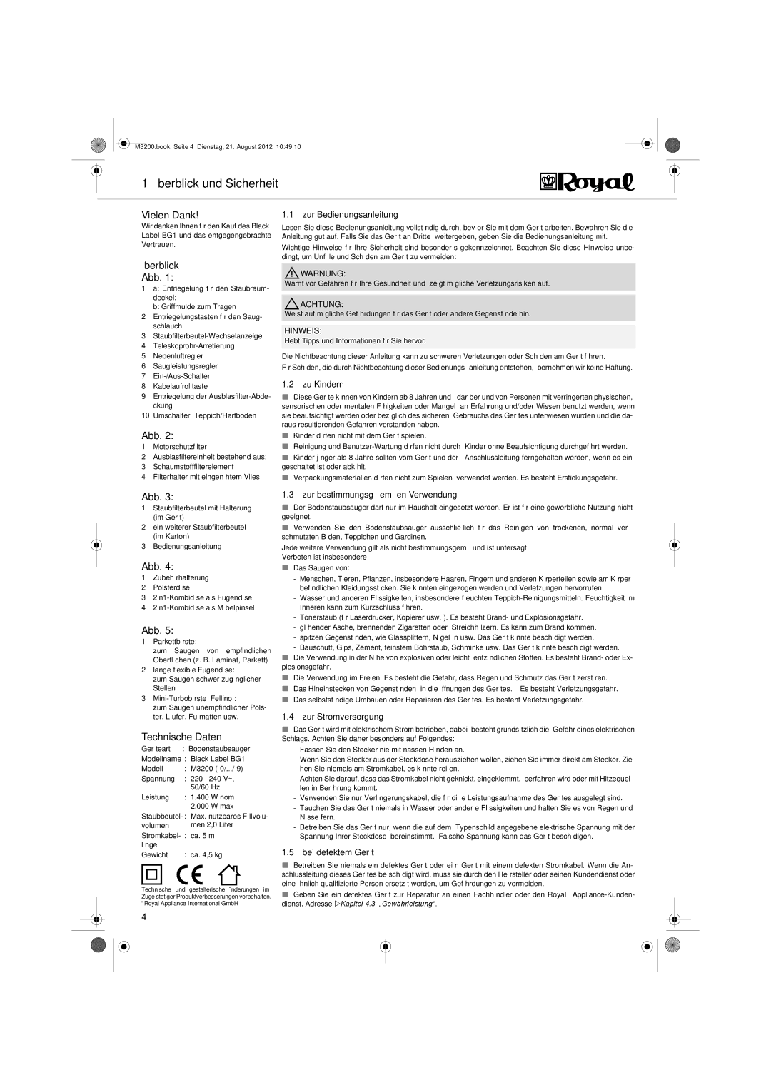 Dirt Devil BG-1 manual Überblick und Sicherheit, Vielen Dank, Überblick Abb, Technische Daten 