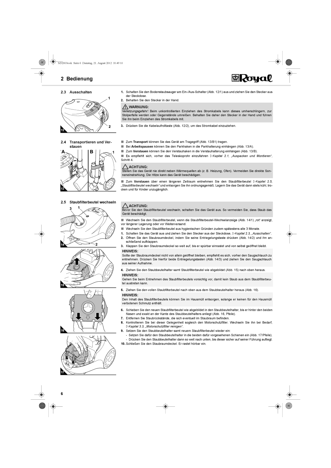 Dirt Devil BG-1 manual Ausschalten Transportieren und Ver- stauen, Kapitel 3.3, „Motorschutzfilter reinigen 