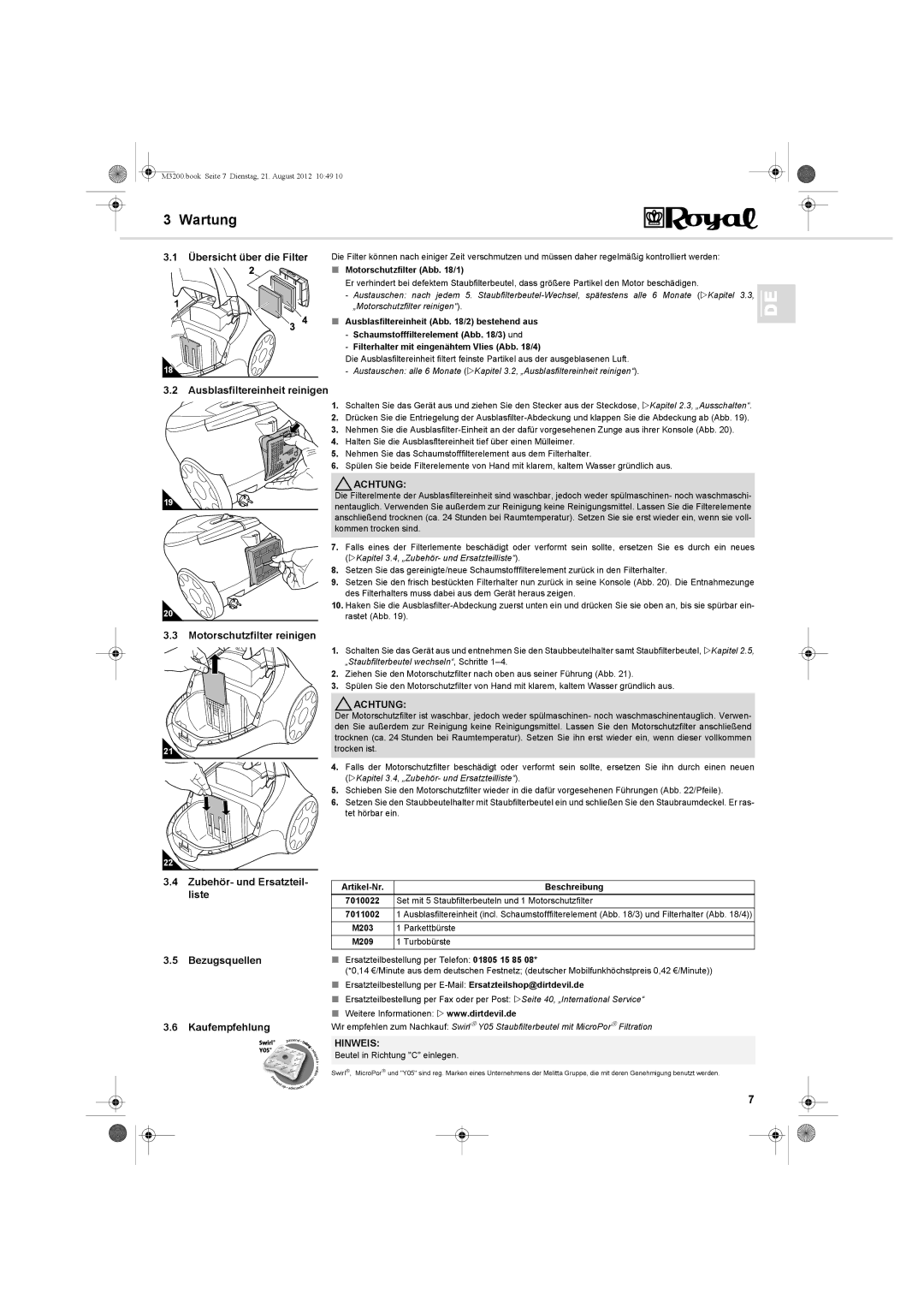 Dirt Devil BG-1 manual Wartung, Übersicht über die Filter, Ausblasfiltereinheit reinigen,  Motorschutzfilter Abb /1 