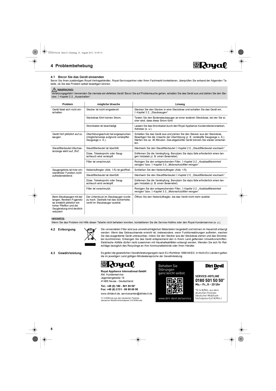 Dirt Devil BG-1 manual Problembehebung, Bevor Sie das Gerät einsenden, Entsorgung Gewährleistung 