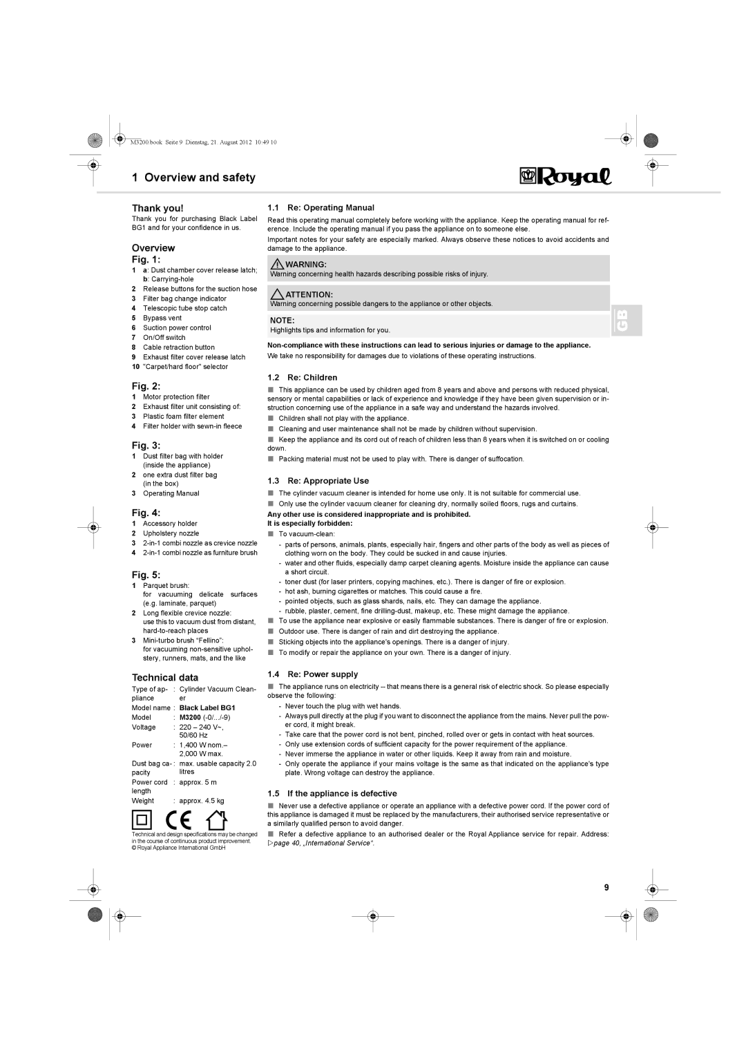 Dirt Devil BG-1 manual Overview and safety, Thank you, Technical data 