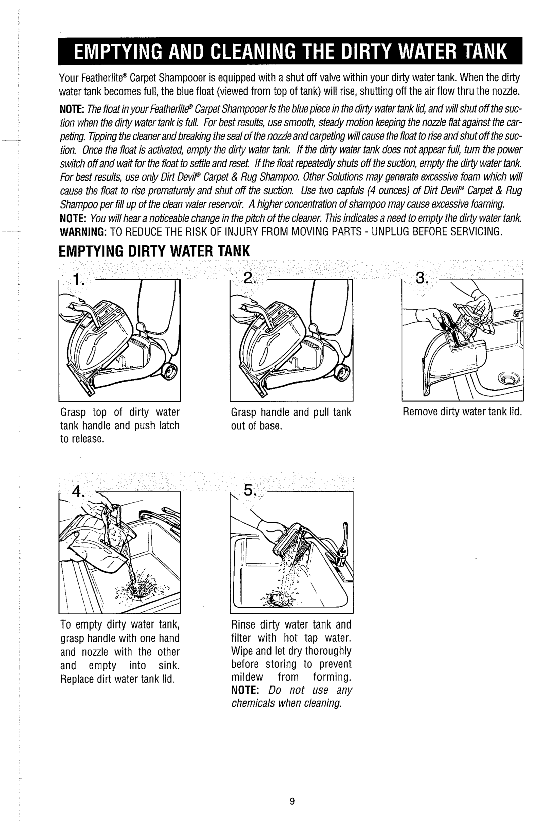 Dirt Devil Carpet Shampooer owner manual Emptying Dirty Water Tank 