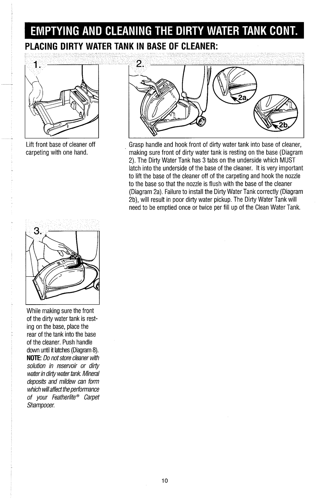 Dirt Devil Carpet Shampooer owner manual Placing Dirty Water Tank in Base of Cleaner 