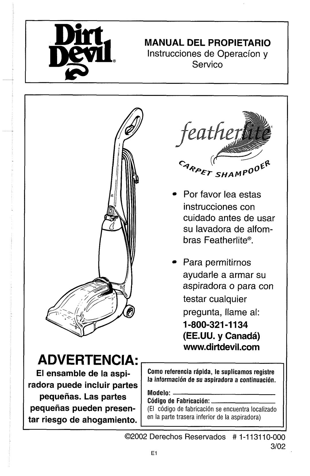 Dirt Devil Carpet Shampooer owner manual Advertencia 