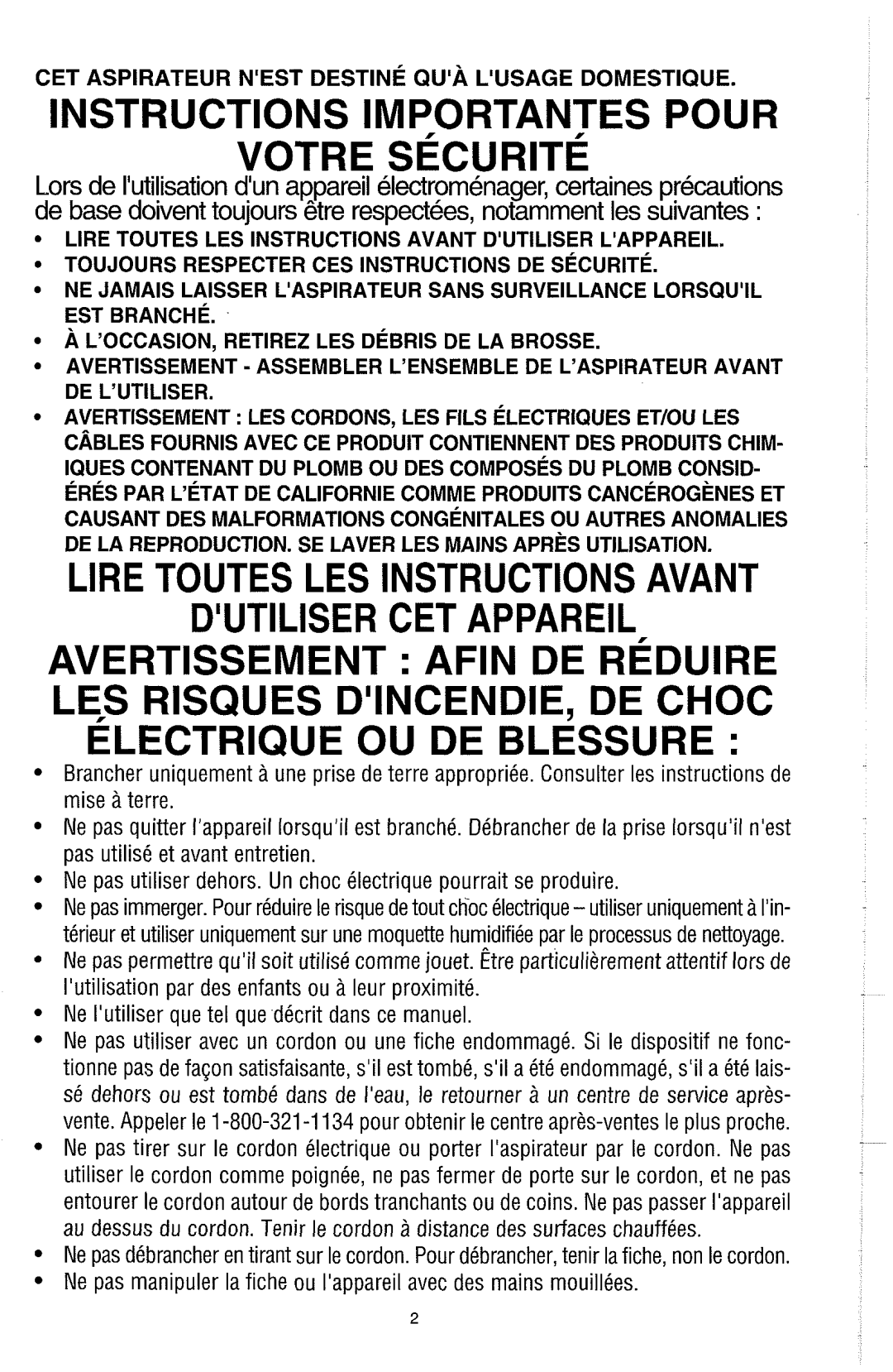 Dirt Devil Carpet Shampooer owner manual Instructions Importantes Pour Votre Securite 