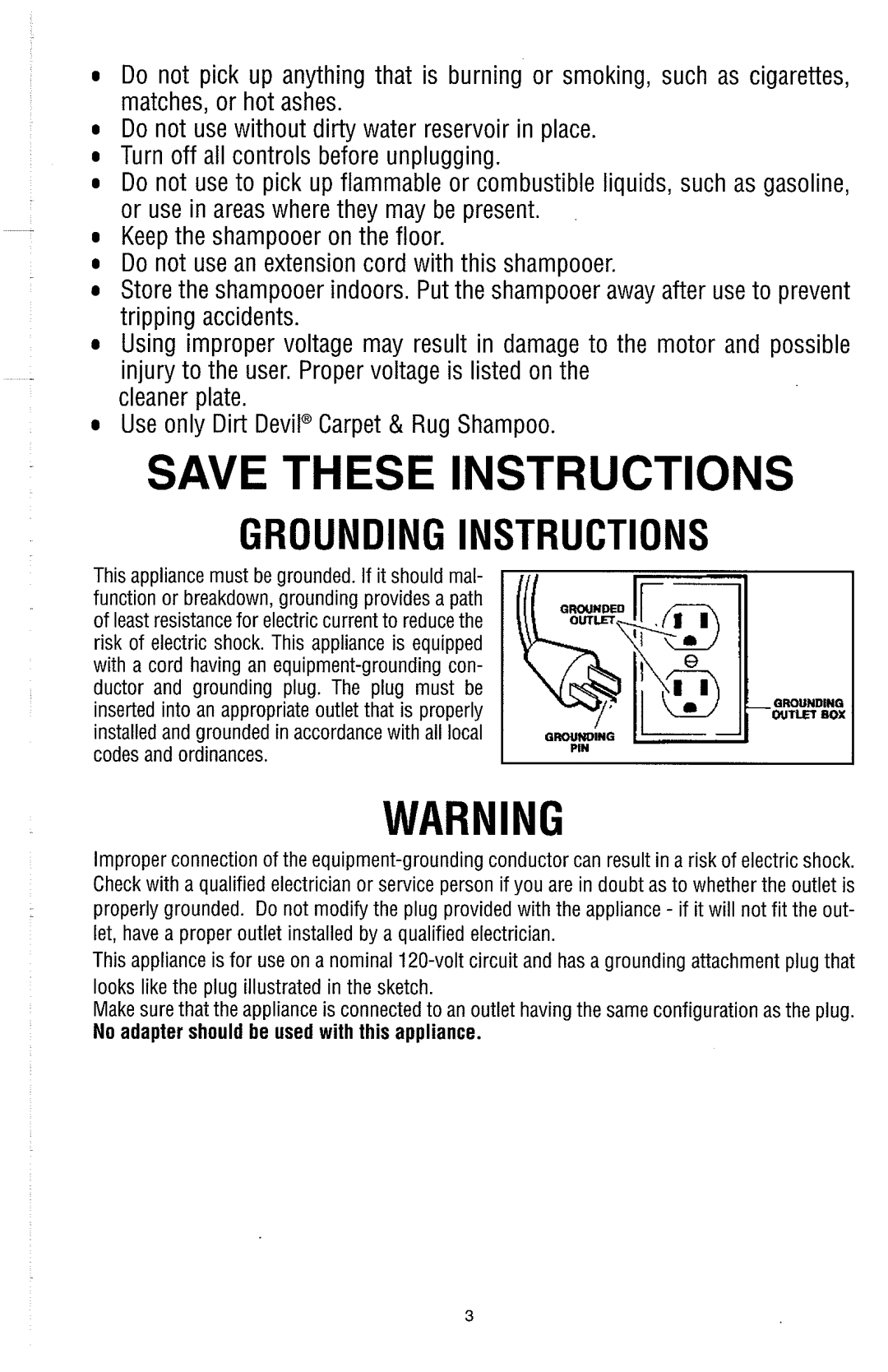 Dirt Devil Carpet Shampooer owner manual Grounding Instructions 