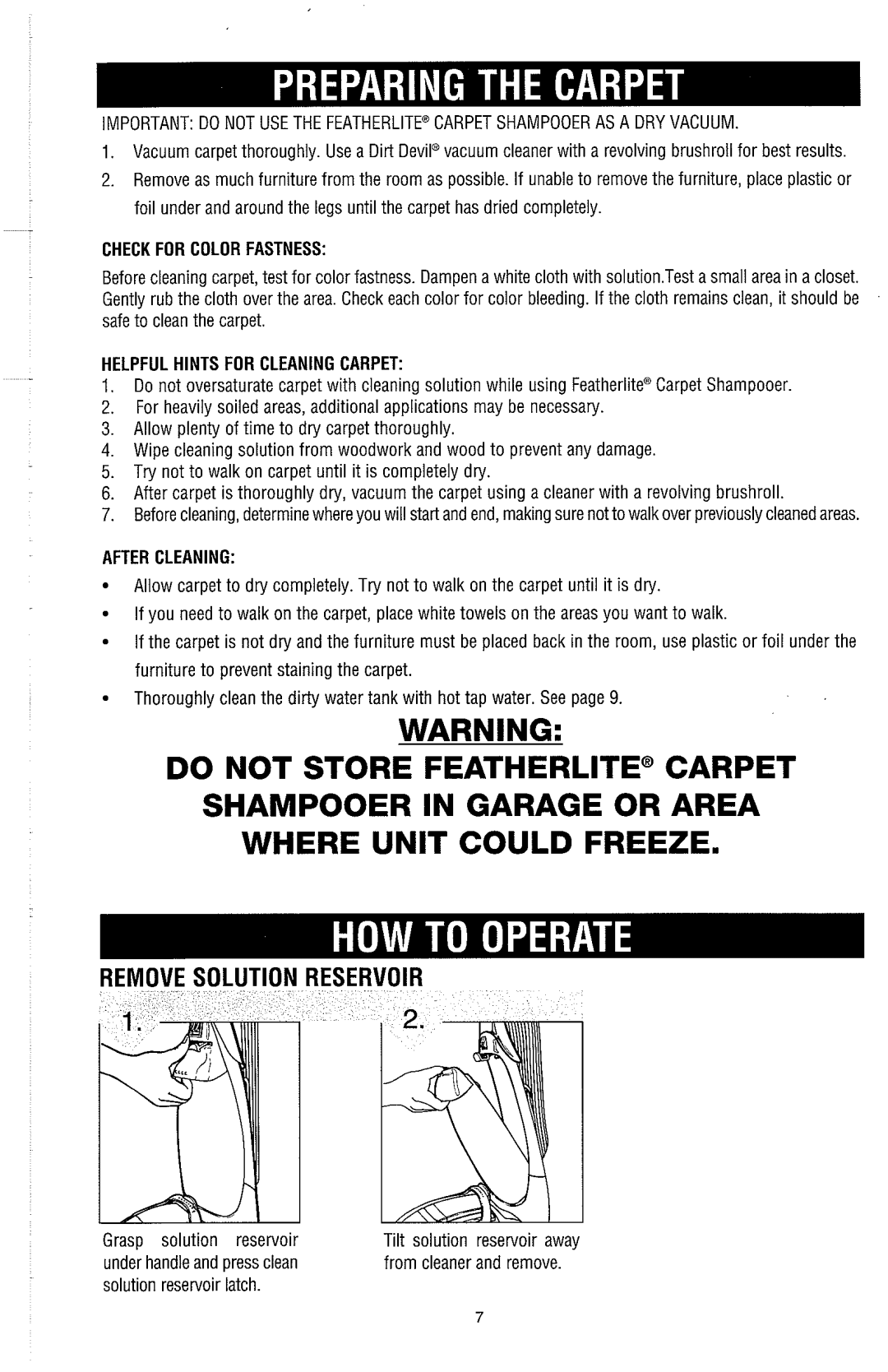 Dirt Devil Carpet Shampooer owner manual Grasp solution reservoir, Under handle and press clean, Solution reservoir latch 