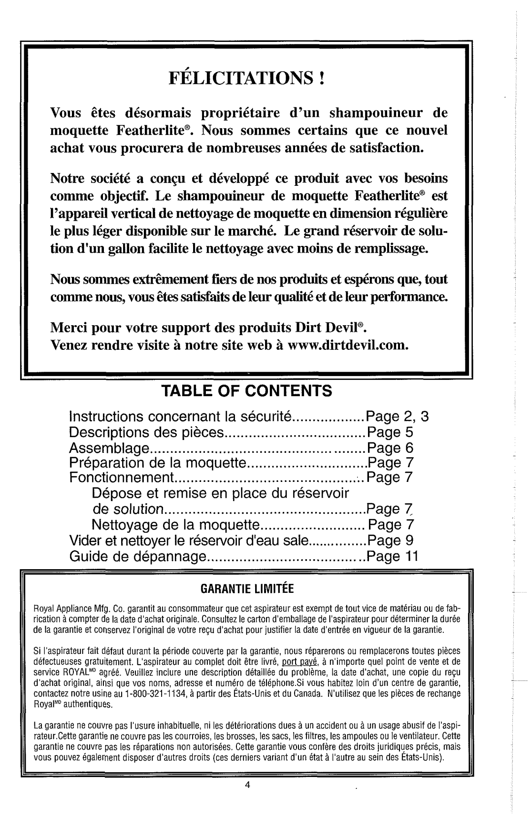 Dirt Devil Carpet Shampooer Table Of Contents, Guide de depannage, Instructions concernant la securite, Fonctionnement 