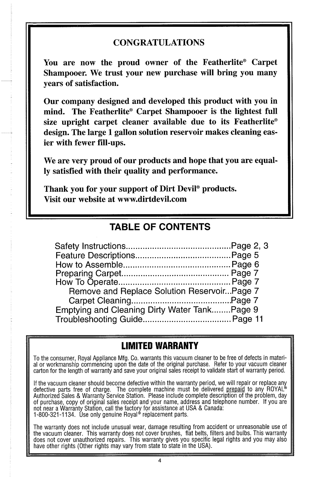 Dirt Devil Carpet Shampooer Limited Warranty, Congratulations, Table Of Contents, Safety Instructions, How to Assemble 