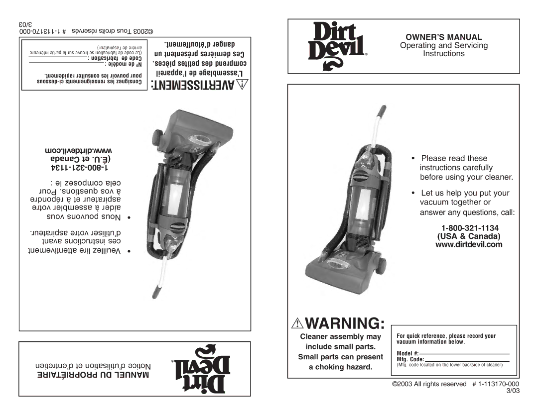 Dirt Devil Dirt Devil owner manual Com.dirtdevil.www Canada et .U.É 1134-321-800-1 