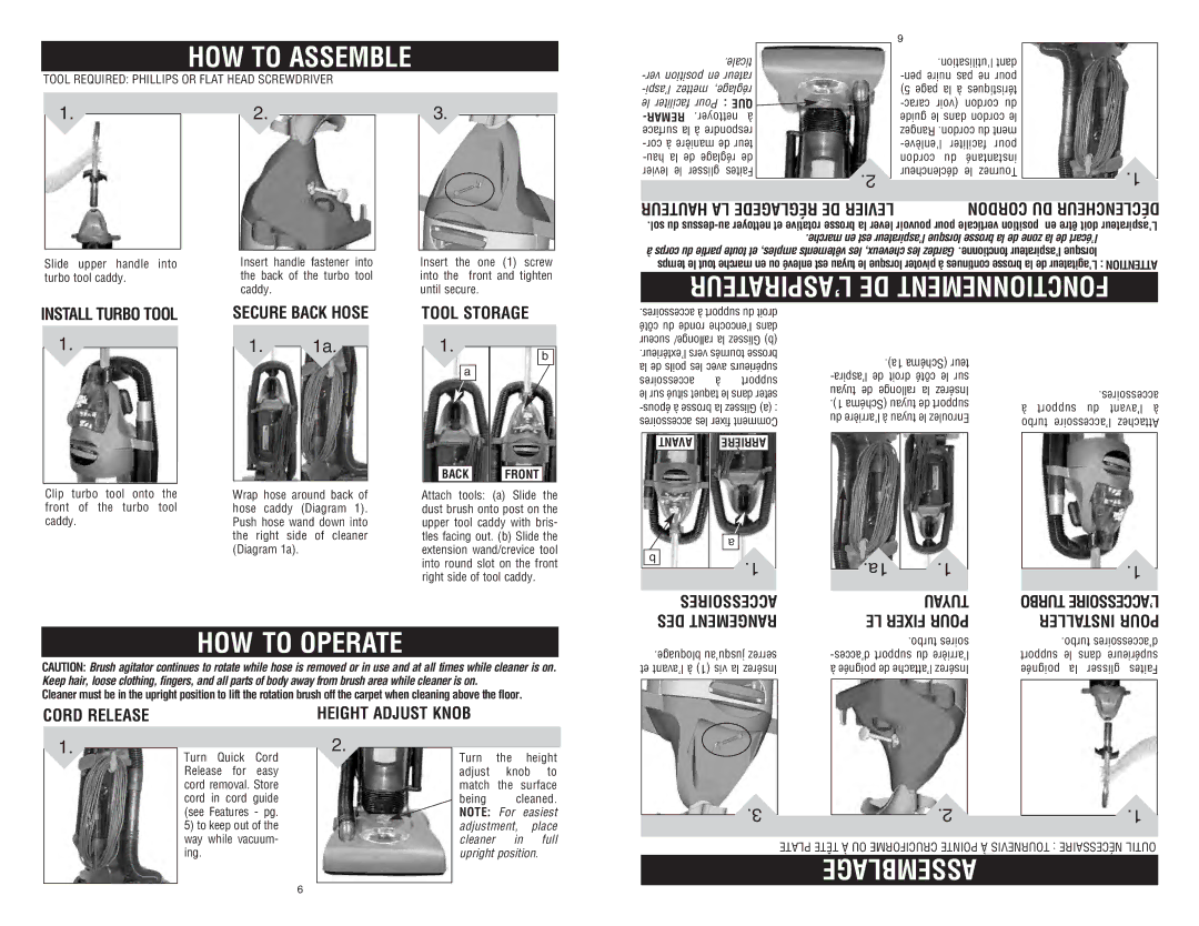 Dirt Devil Dirt Devil HOW to Assemble, HOW to Operate, Assemblage, Install Turbo Tool Secure Back Hose Tool Storage 