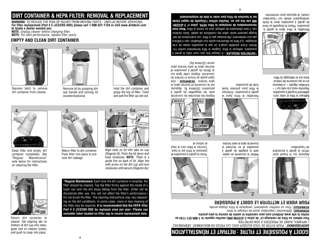 Dirt Devil Dirt Devil owner manual Empty and Clean Dirt Container, Poussière À Godet LE Nettoyer ET Vider Pour, Slot, Tab 