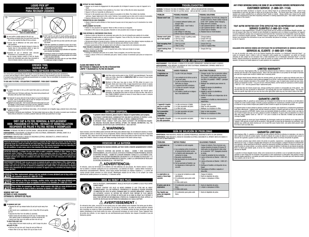 Dirt Devil F65 Liquid Pick UP, Troubleshooting, Guide DE Dépannage, Battery Disposal, Desecho DE LA Batería 