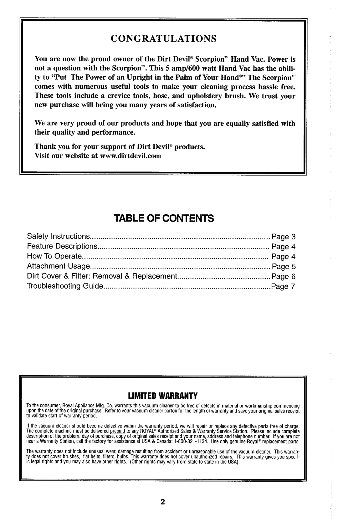 Dirt Devil hand held vacuum owner manual Table of Contents 