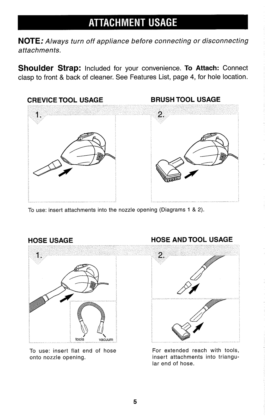 Dirt Devil hand held vacuum owner manual Crevice Tool Usage Brushtool Usage 