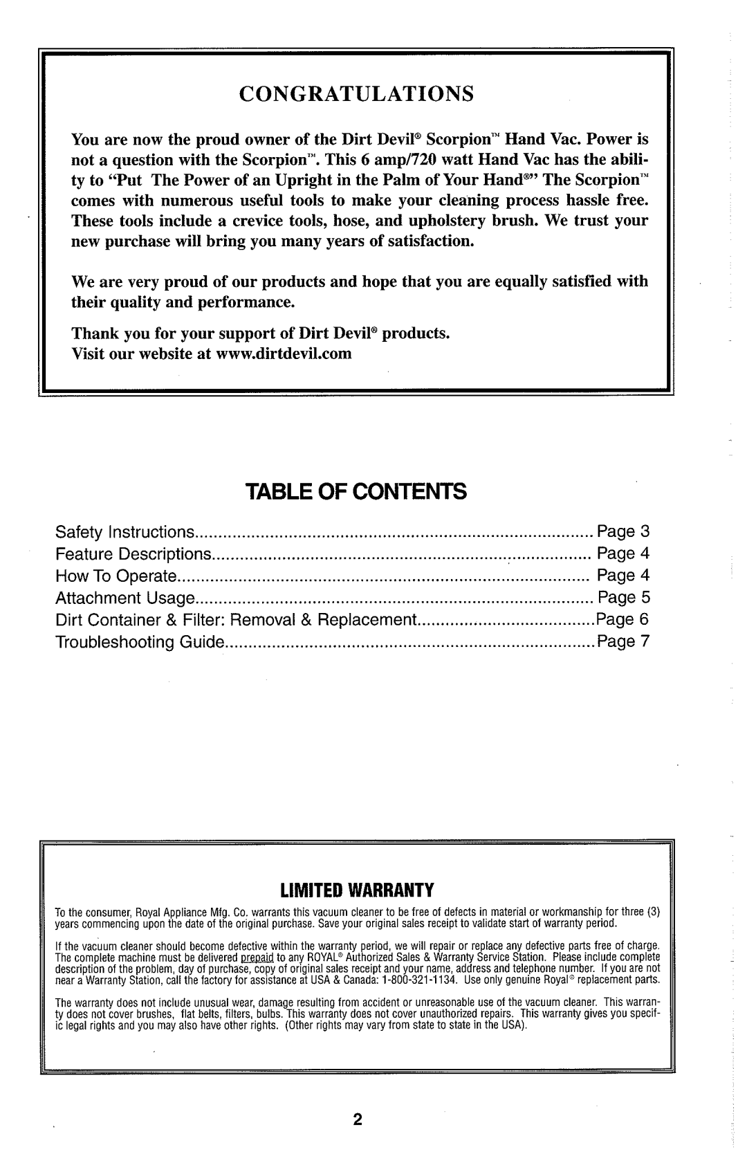 Dirt Devil Hand Vac owner manual Table of Contents 