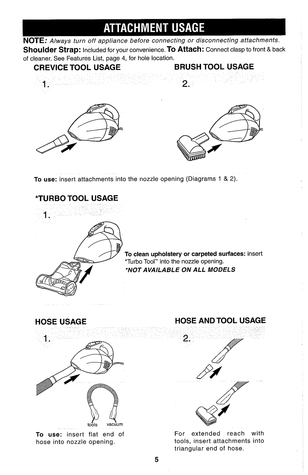 Dirt Devil Hand Vac owner manual Crevice Tool Usage, Turbo Tool Usage, Hose Usage 