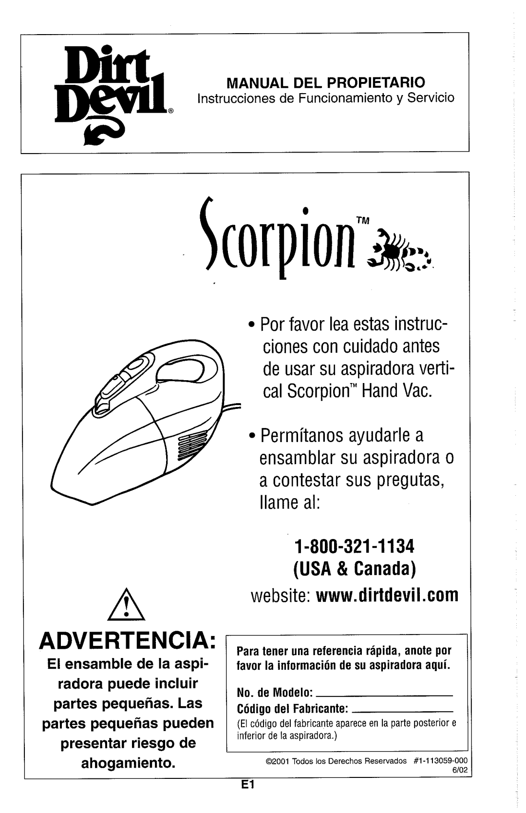 Dirt Devil Hand Vac owner manual Advertencia 