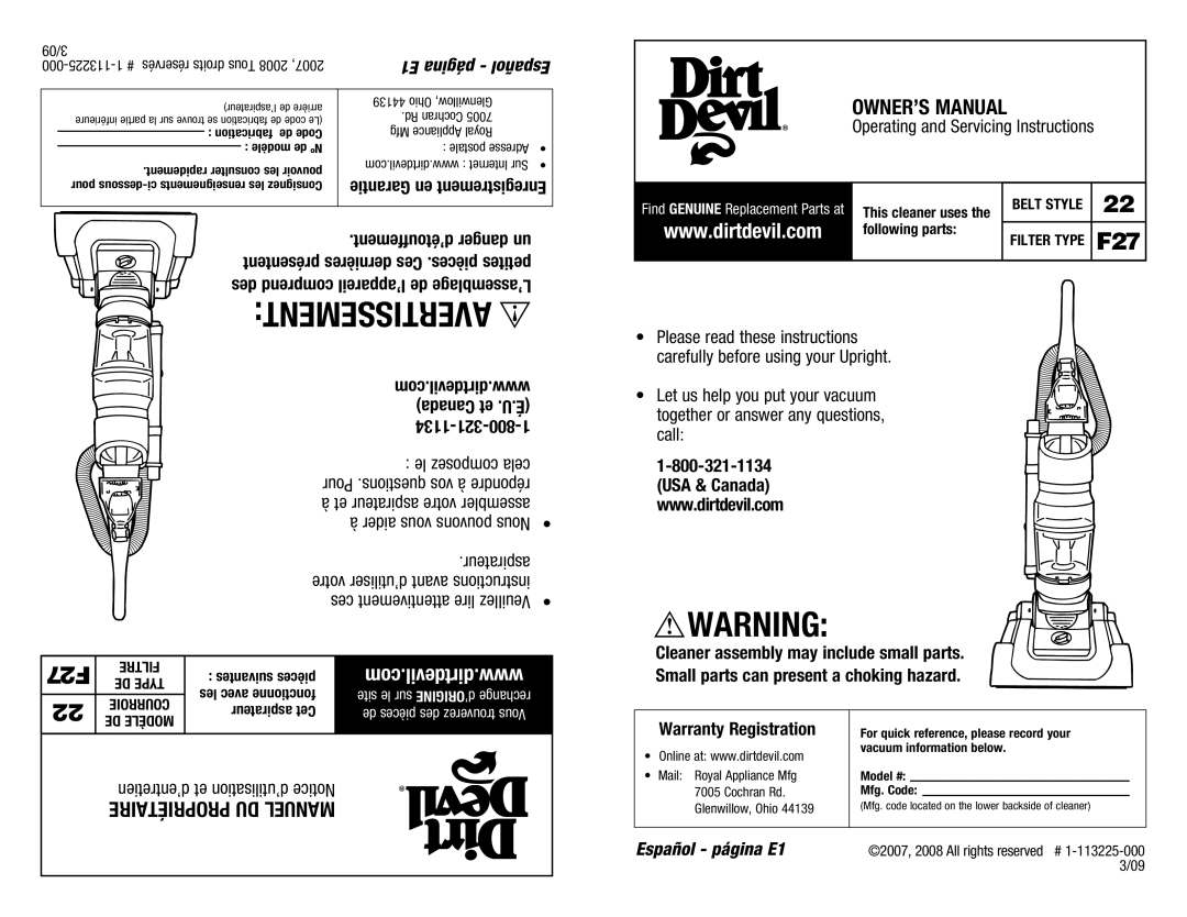 Dirt Devil 1-113225-000, M140005RED owner manual Filtre, DE Type 