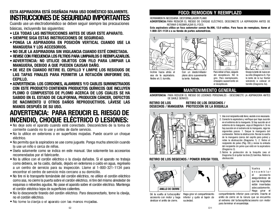 Dirt Devil M140005RED, 1-113225-000 owner manual Foco Remocion Y Reemplazo, Mantenimiento General 