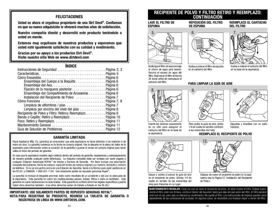 Dirt Devil M140005RED, 1-113225-000 owner manual Continuación 