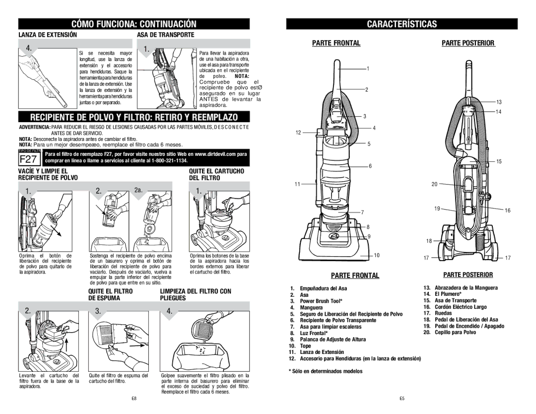 Dirt Devil 1-113225-000 Cómo Funciona Continuación, Características, Recipiente DE Polvo Y Filtro Retiro Y Reemplazo 