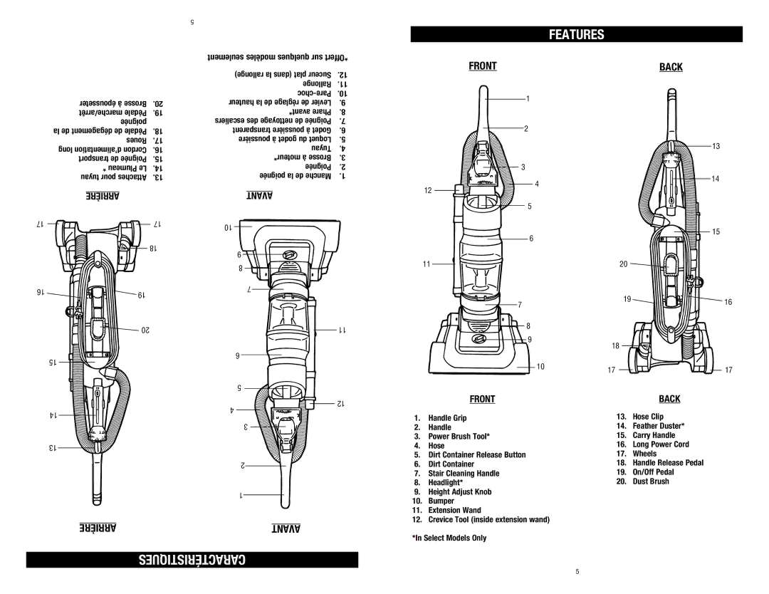 Dirt Devil 1-113225-000, M140005RED owner manual Features, Caractéristiques, Arrière, Avant 