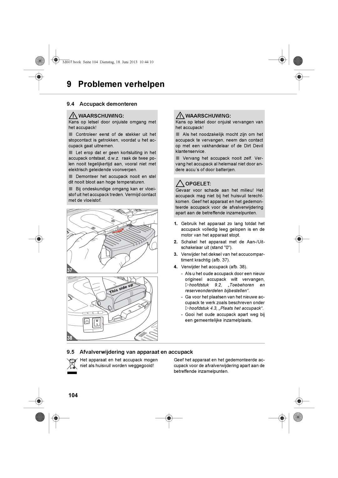 Dirt Devil m607 manual Accupack demonteren, Afvalverwijdering van apparaat en accupack, 104 