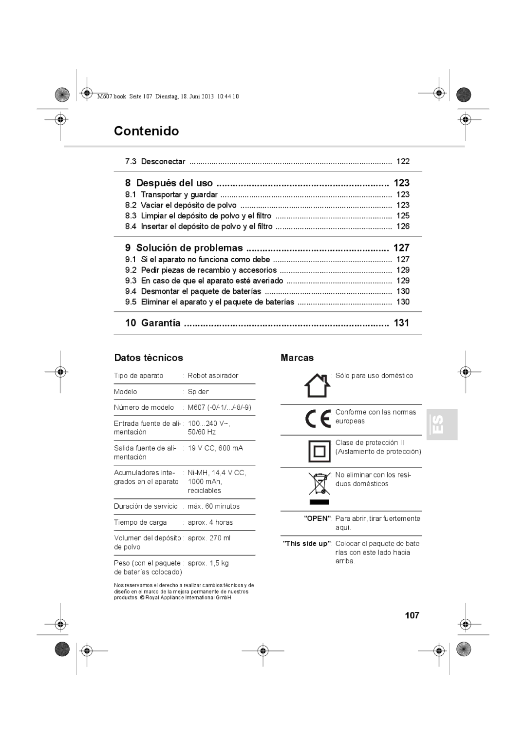 Dirt Devil m607 manual Después del uso 123, Solución de problemas 127, Garantía 131 Datos técnicos, Marcas, 107 