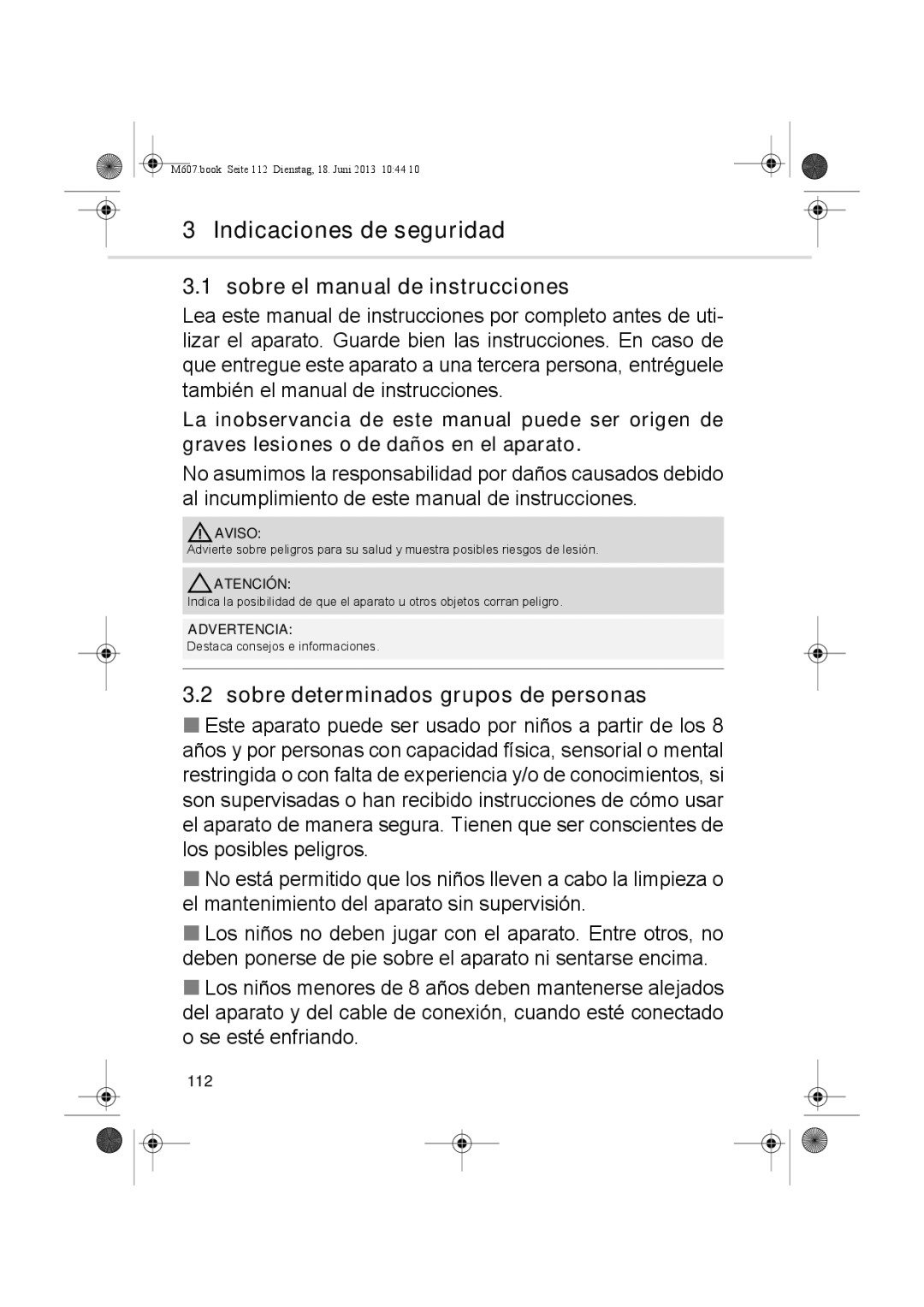 Dirt Devil m607 Indicaciones de seguridad, Sobre el manual de instrucciones, Sobre determinados grupos de personas, 112 