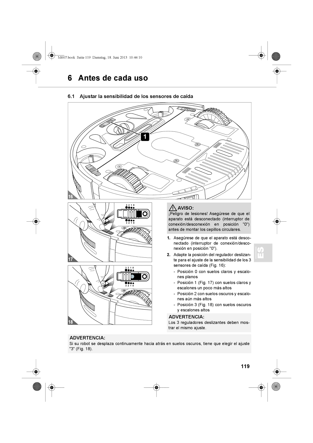 Dirt Devil m607 manual Antes de cada uso, Ajustar la sensibilidad de los sensores de caída, 119 