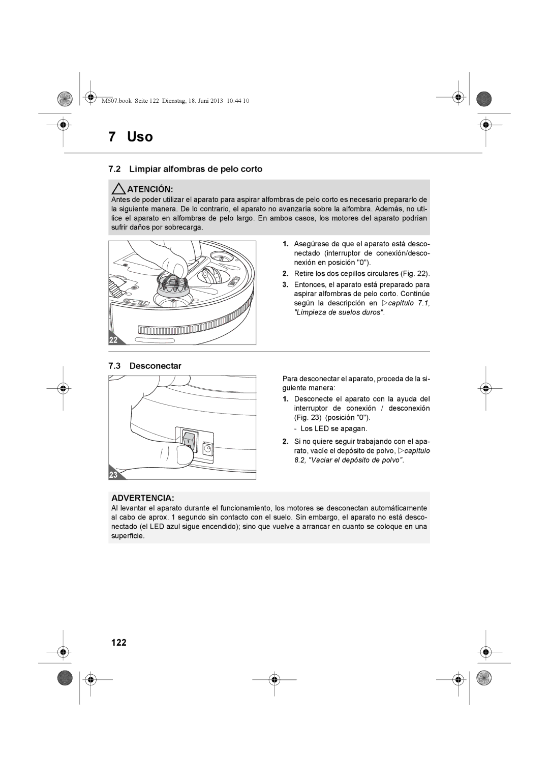 Dirt Devil m607 manual Limpiar alfombras de pelo corto, Desconectar, 122 