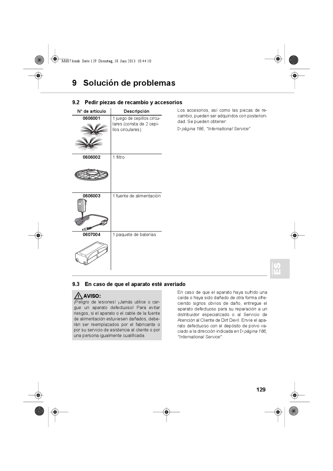 Dirt Devil m607 manual Pedir piezas de recambio y accesorios, En caso de que el aparato esté averiado, 129, Descripción 