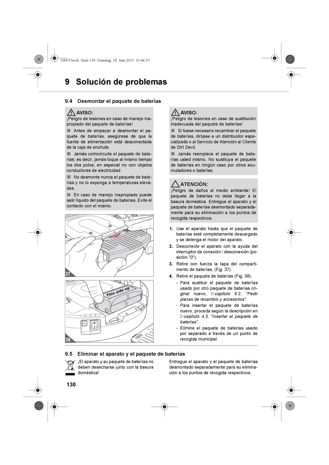 Dirt Devil m607 manual Desmontar el paquete de baterías, Eliminar el aparato y el paquete de baterías, 130 