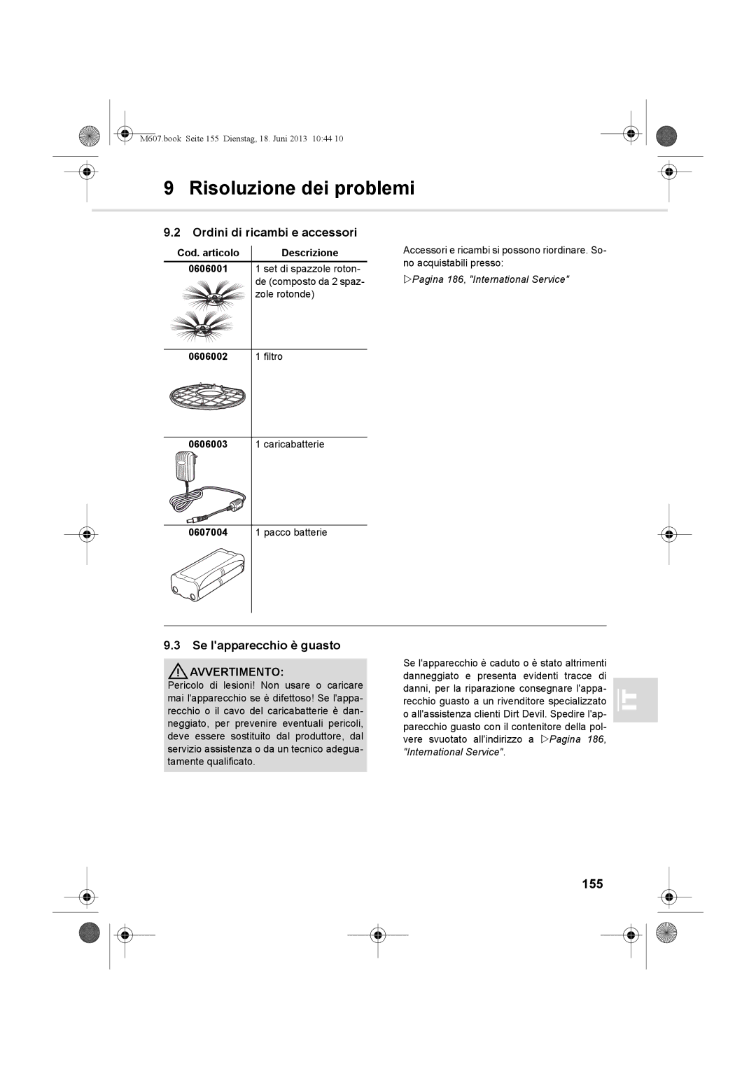 Dirt Devil m607 manual Ordini di ricambi e accessori, Se lapparecchio è guasto, 155 