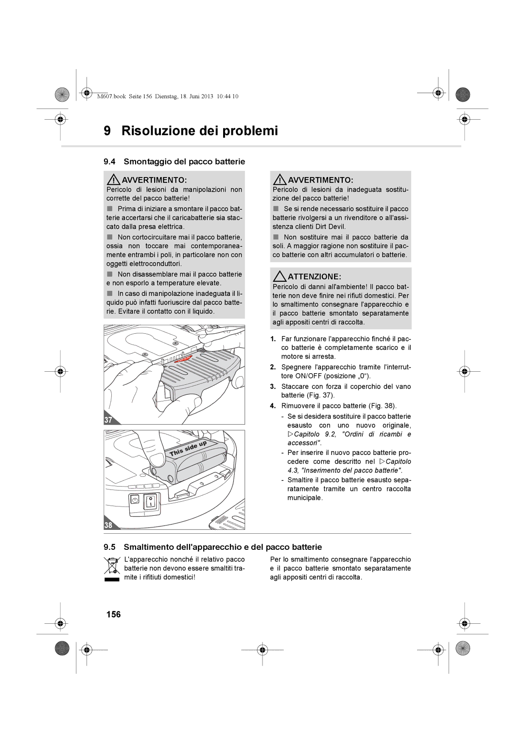 Dirt Devil m607 manual Smontaggio del pacco batterie, Smaltimento dellapparecchio e del pacco batterie, 156 