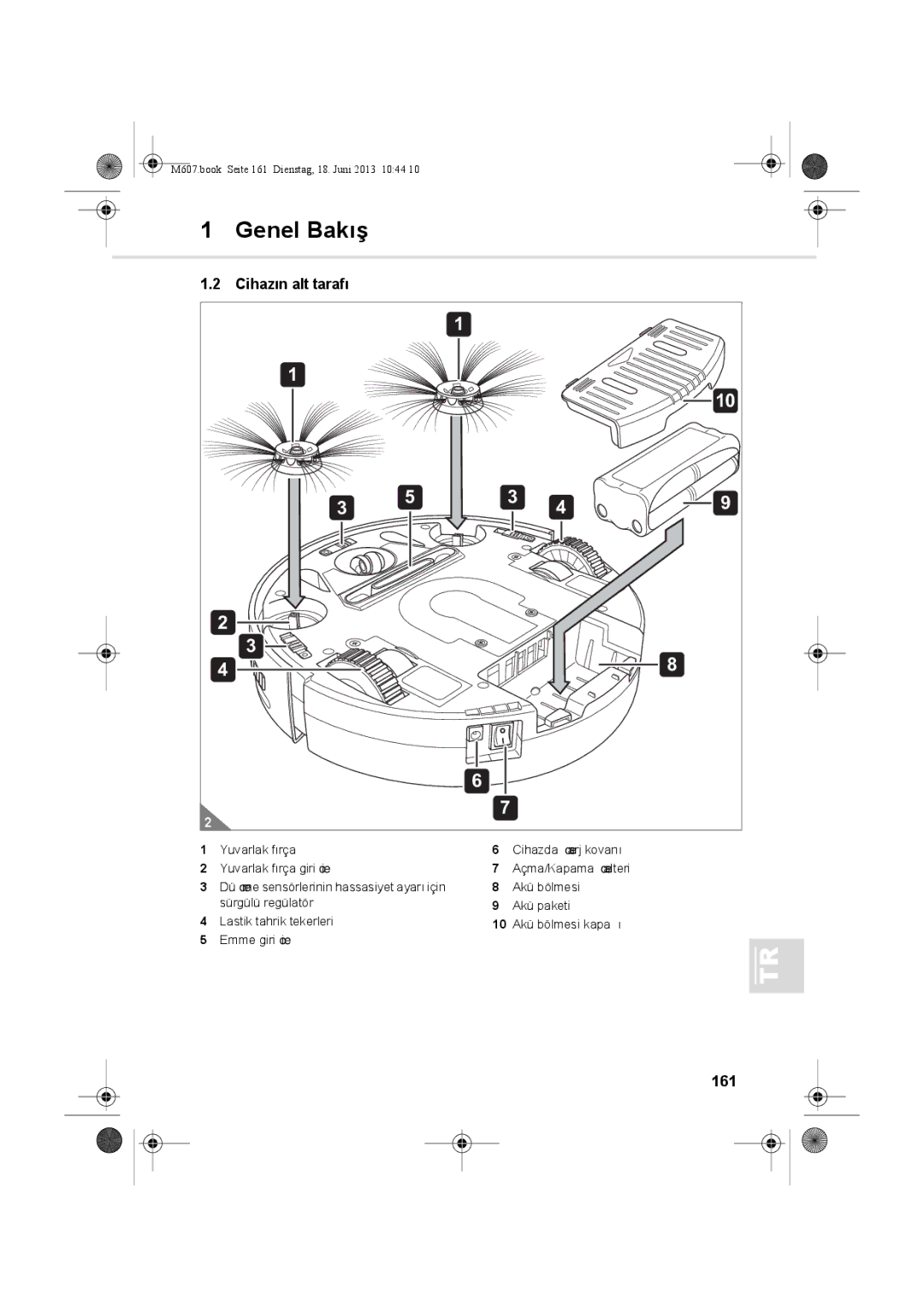 Dirt Devil m607 manual 161, Lastik tahrik tekerleri 10 Akü bölmesi kapağı Emme girişi 